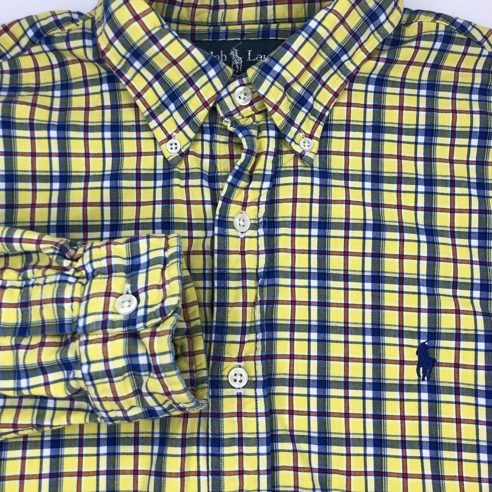 Ralph Lauren Men's Large Yellow Blue Plaid Flannel Button Down Long Sleeve Shirt